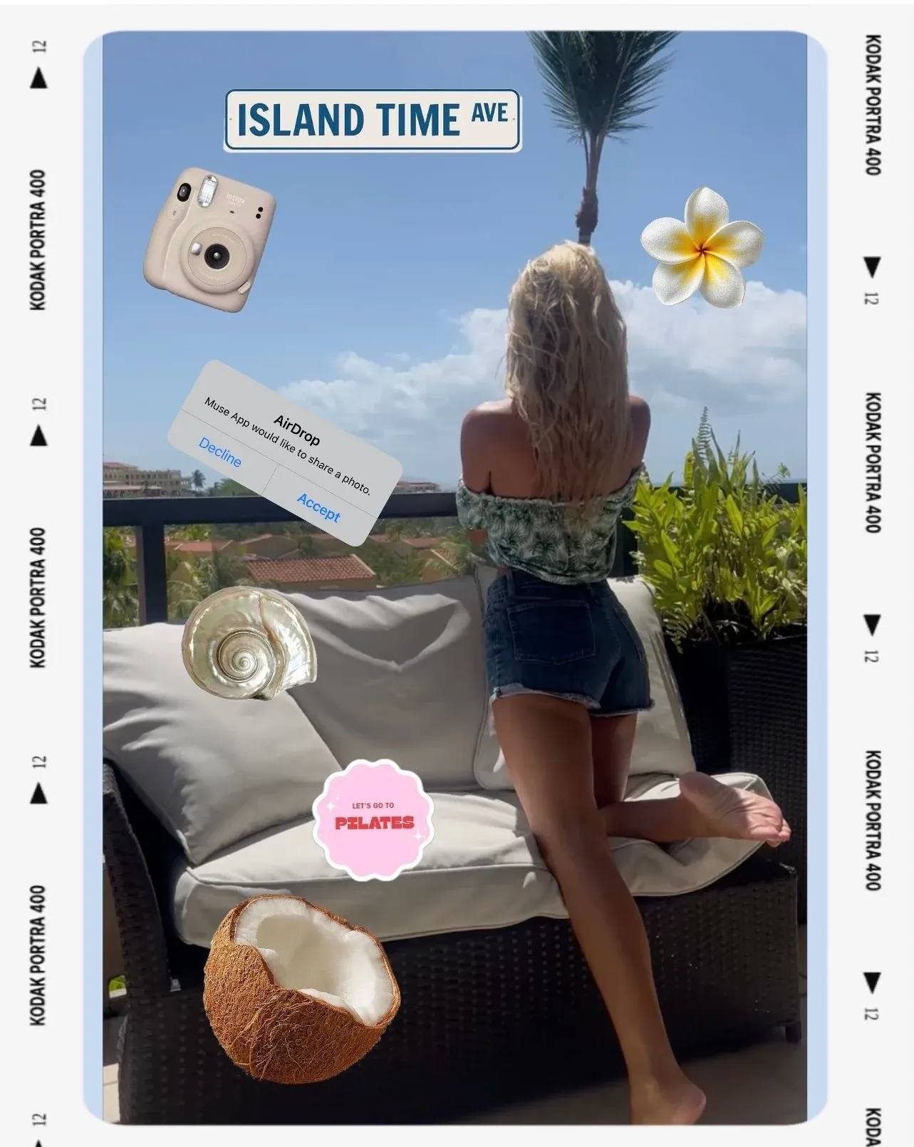 Scrapbook-style “Island Time” collage with instant-camera, flower and “Let’s go to Pilates” stickers around a balcony photo